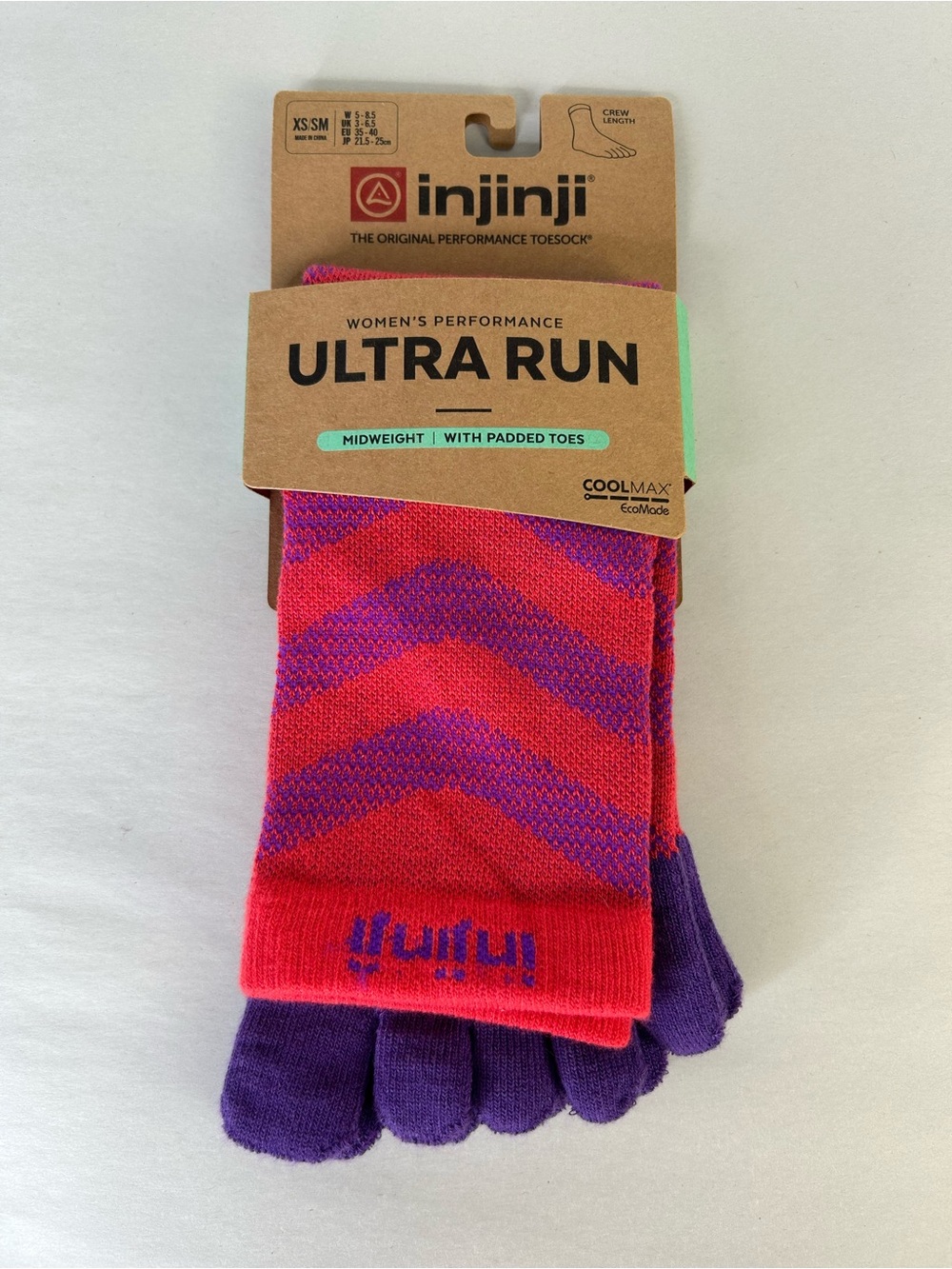 NWT Injinji Ultra Run Performance Toe Socks Crew Length Pink & Purple XS/S
